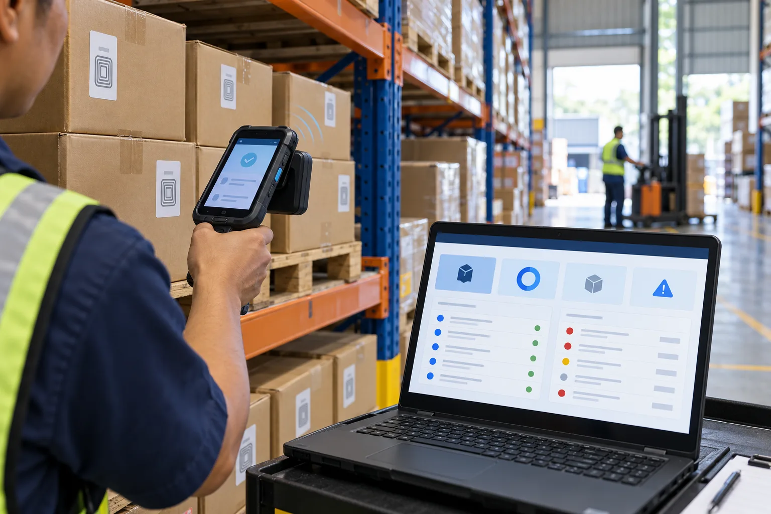 Illustration of an operator reading RFID tags on cartons and reviewing stock discrepancies on a laptop