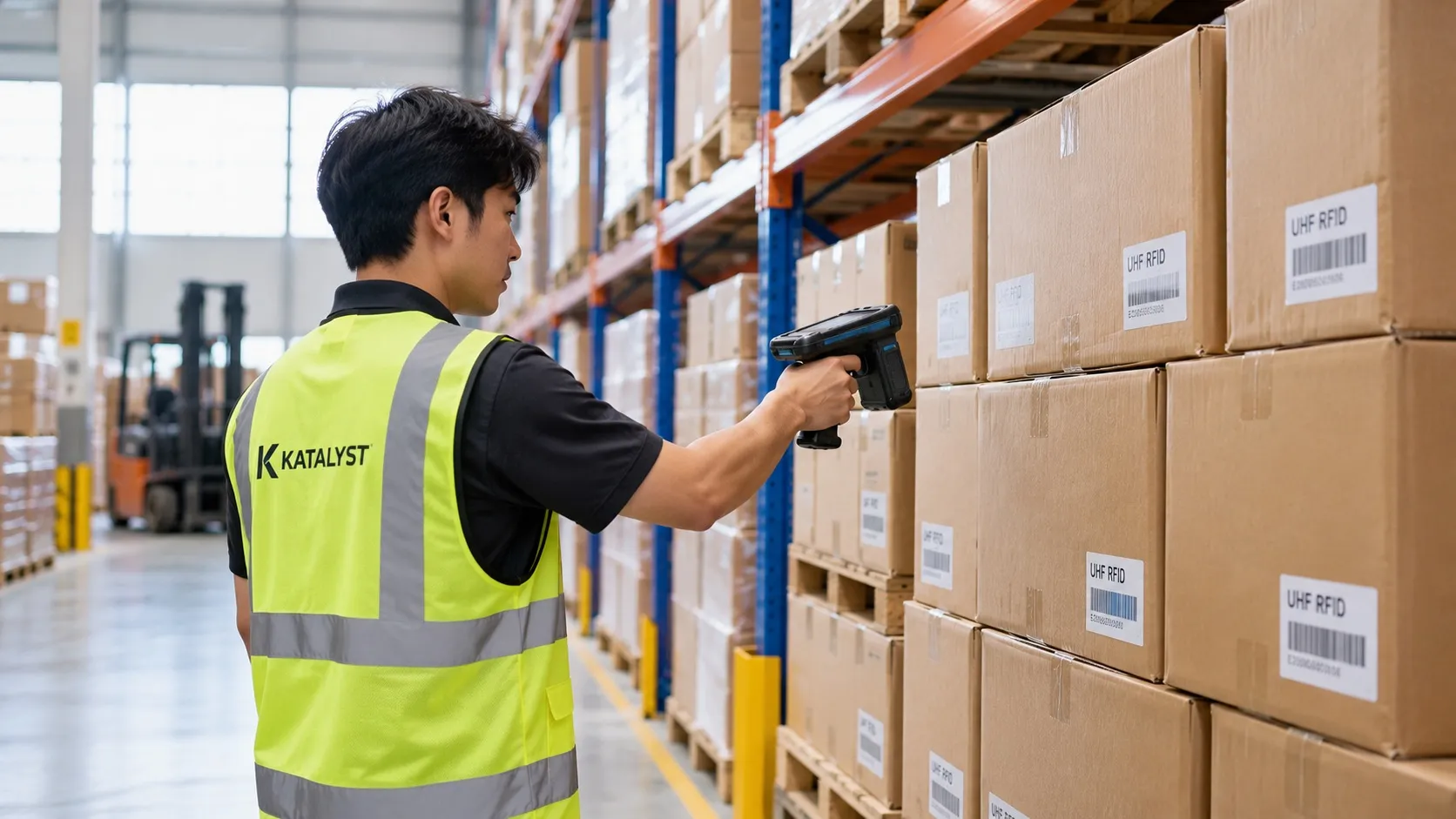 Tim Katalyst memindai tag RFID di gudang